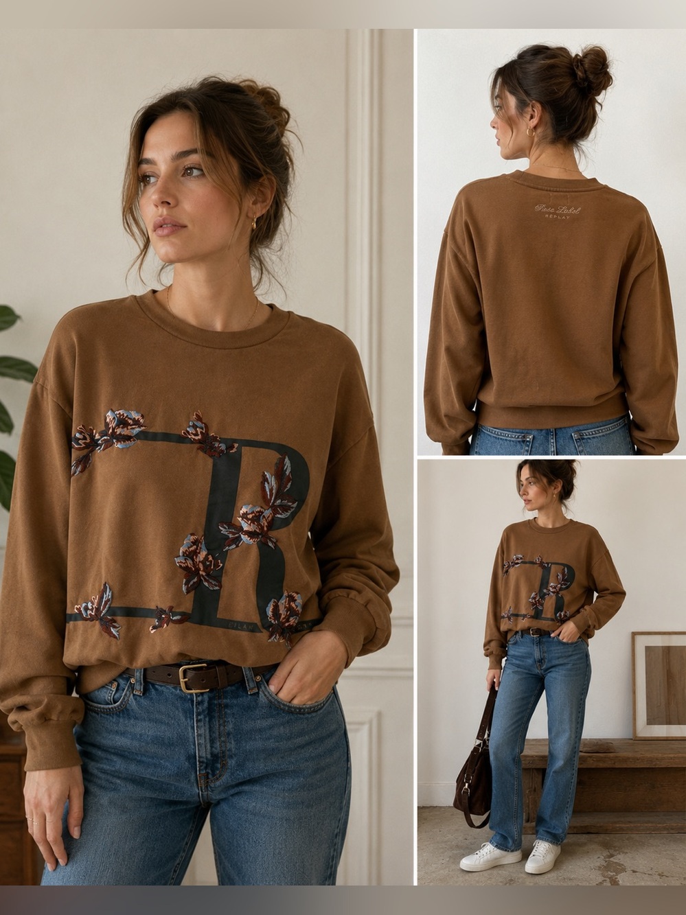 Replay Rose Label Embroidered Floral Logo Sweatshirt Camel Brown Size M
